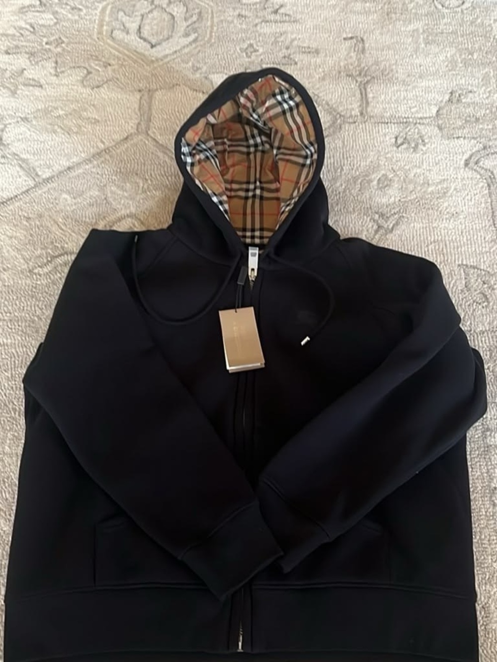 Burberry Check Hood Cotton Zip Hoodie Black